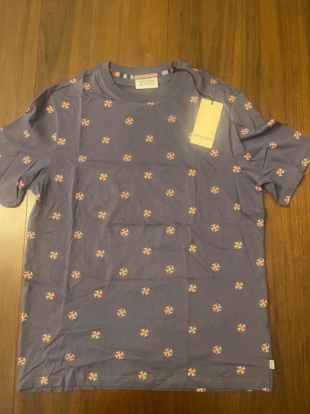 Scotch & Soda Navy Blue Short Sleeve Tee with Pink Floral Dots